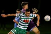 6 November 2022; Goalkeeper Kian Moore of UCD under pressure from Aaron Greene of Shamrock Rovers during the SSE Airtricity League Premier Division match between UCD and Shamrock Rovers at the UCD Bowl in Belfield, Dublin. Photo by Michael P Ryan/Sportsfile