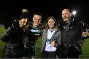 6 November 2022; Andy Lyons of Shamrock Rovers with his parents Aileen and Maurice and sister Heidi after the SSE Airtricity League Premier Division match between UCD and Shamrock Rovers at the UCD Bowl in Belfield, Dublin. Photo by Michael P Ryan/Sportsfile