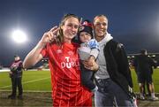 6 November 2022; Heather O'Reilly of Shelbourne, and her son Jack, celebrate with Merritt Mathias after the EVOKE.ie FAI Women's Cup Final match between Shelbourne and Athlone Town at Tallaght Stadium in Dublin. Photo by Stephen McCarthy/Sportsfile