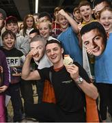 7 November 2022; Gold medallist Rhys McClenaghan of Ireland with supporters on his return from the World Artistic Gymnastics Championships 2022, at Dublin Airport in Dublin. Photo by David Fitzgerald/Sportsfile