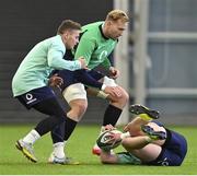 8 November 2022; Kieran Treadwell, centre, with Michael Lowry amd Mack Hansen during Ireland rugby squad training at IRFU High Performance Centre at the Sport Ireland Campus in Dublin. Photo by Brendan Moran/Sportsfile