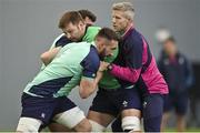 8 November 2022; Jack Conan tackles Iain Henderson and defence coach Simon Easterby during Ireland rugby squad training at IRFU High Performance Centre at the Sport Ireland Campus in Dublin. Photo by Brendan Moran/Sportsfile