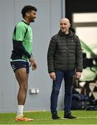 8 November 2022; Kerry coach Paddy Tally, right, in conversation with Robert Baloucoune during Ireland rugby squad training at IRFU High Performance Centre at the Sport Ireland Campus in Dublin. Photo by Brendan Moran/Sportsfile