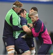 8 November 2022; Cian Healy is tackled by Gavin Thornbury, Max Deegan and defence coach Simon Easterby during Ireland rugby squad training at IRFU High Performance Centre at the Sport Ireland Campus in Dublin. Photo by Brendan Moran/Sportsfile