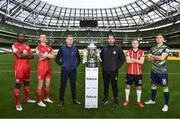 8 November 2022; In attendance, from left, Shelbourne's Dan Carr, Luke Byrne, manager Damien Duff, Derry City manager Ruaidhrí Higgins, Brandon Kavanagh and goalkeeper Brian Maher during the Extra.ie FAI Cup Final Media Day at the Aviva Stadium in Dublin. Photo by Ben McShane/Sportsfile