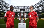 8 November 2022; Shelbourne players Dan Carr, left, and Luke Byrne during the Extra.ie FAI Cup Final Media Day at the Aviva Stadium in Dublin. Photo by Ben McShane/Sportsfile