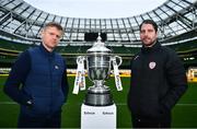 8 November 2022; Shelbourne manager Damien Duff, left, and Derry City manager Ruaidhrí Higgins during the Extra.ie FAI Cup Final Media Day at the Aviva Stadium in Dublin. Photo by Ben McShane/Sportsfile