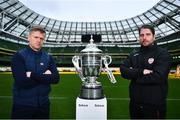 8 November 2022; Shelbourne manager Damien Duff, left, and Derry City manager Ruaidhrí Higgins during the Extra.ie FAI Cup Final Media Day at the Aviva Stadium in Dublin. Photo by Ben McShane/Sportsfile