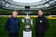 8 November 2022; Shelbourne manager Damien Duff, left, and Derry City manager Ruaidhrí Higgins during the Extra.ie FAI Cup Final Media Day at the Aviva Stadium in Dublin. Photo by Ben McShane/Sportsfile