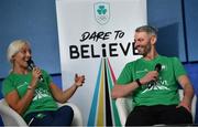 8 November 2022; Dare to Believe ambassadors Sarah Lavin and Thomas Barr during the Dare to Believe Schools Programme - TY Expo at the Sport Ireland Campus in Dublin. Photo by David Fitzgerald/Sportsfile