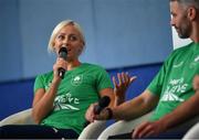 8 November 2022; Dare to Believe ambassadors Sarah Lavin and Thomas Barr during the Dare to Believe Schools Programme - TY Expo at the Sport Ireland Campus in Dublin. Photo by David Fitzgerald/Sportsfile