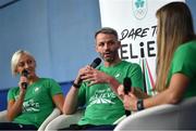 8 November 2022; Dare to Believe ambassadors Sarah Lavin, left, Thomas Barr and Monika Dukarska during the Dare to Believe Schools Programme - TY Expo at the Sport Ireland Campus in Dublin. Photo by David Fitzgerald/Sportsfile