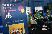 8 November 2022; Dare to Believe ambassadors Sarah Lavin, left, Thomas Barr and Monika Dukarska during the Dare to Believe Schools Programme - TY Expo at the Sport Ireland Campus in Dublin. Photo by David Fitzgerald/Sportsfile