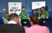 8 November 2022; Dare to Believe ambassadors Sarah Lavin, left, Thomas Barr and Monika Dukarska during the Dare to Believe Schools Programme - TY Expo at the Sport Ireland Campus in Dublin. Photo by David Fitzgerald/Sportsfile