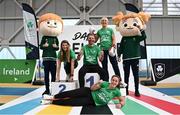 8 November 2022; Dare to Believe ambassadors Monika Dukarska, left, Thomas Barr, Sarah Lavin, right, and Gráinne Walsh with the OFI mascots during the Dare to Believe Schools Programme - TY Expo at the Sport Ireland Campus in Dublin. Photo by David Fitzgerald/Sportsfile