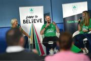 8 November 2022; Dare to Believe ambassadors Sarah Lavin, left, Thomas Barr and Monika Dukarska during the Dare to Believe Schools Programme - TY Expo at the Sport Ireland Campus in Dublin. Photo by David Fitzgerald/Sportsfile