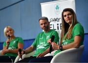 8 November 2022; Dare to Believe ambassadors Monika Dukarska, right, Sarah Lavin and Thomas Barr during the Dare to Believe Schools Programme - TY Expo at the Sport Ireland Campus in Dublin. Photo by David Fitzgerald/Sportsfile