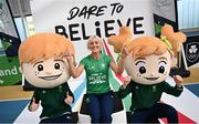 8 November 2022; Dare to Believe ambassador Sarah Lavin with the OFI mascots during the Dare to Believe Schools Programme - TY Expo at the Sport Ireland Campus in Dublin. Photo by David Fitzgerald/Sportsfile
