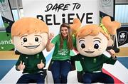 8 November 2022; Dare to Believe ambassador Monika Dukarska with the OFI mascots during the Dare to Believe Schools Programme - TY Expo at the Sport Ireland Campus in Dublin. Photo by David Fitzgerald/Sportsfile