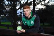 9 November 2022; Rory Gaffney of Shamrock Rovers with his SSE Airtricity / SWI Player of the Month Award for October 2022 at Roadstone Sports Club in Dublin. Photo by Piaras Ó Mídheach/Sportsfile