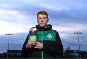 9 November 2022; Rory Gaffney of Shamrock Rovers with his SSE Airtricity / SWI Player of the Month Award for October 2022 at Roadstone Sports Club in Dublin. Photo by Piaras Ó Mídheach/Sportsfile
