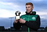 9 November 2022; Rory Gaffney of Shamrock Rovers with his SSE Airtricity / SWI Player of the Month Award for October 2022 at Roadstone Sports Club in Dublin. Photo by Piaras Ó Mídheach/Sportsfile