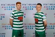 9 November 2022; PFA Ireland Player of the Year Award nominee Rory Gaffney, left, and PFA Ireland Young Player of the Year Award nominee Andy Lyons, both Shamrock Rovers, at the launch of the PFA Ireland Awards 2022 at the Marker Hotel in Dublin. Photo by Stephen McCarthy/Sportsfile