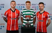 9 November 2022; PFA Ireland Player of the Year Award nominees, from left, Mark Connolly, Derry City, Rory Gaffney, Shamrock Rovers, and Cameron Dummigan, Derry City, at the launch of the PFA Ireland Awards 2022 at the Marker Hotel in Dublin. Photo by Stephen McCarthy/Sportsfile