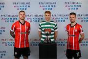 9 November 2022; PFA Ireland Player of the Year Award nominees, from left, Mark Connolly, Derry City, Rory Gaffney, Shamrock Rovers, and Cameron Dummigan, Derry City, at the launch of the PFA Ireland Awards 2022 at the Marker Hotel in Dublin. Photo by Stephen McCarthy/Sportsfile