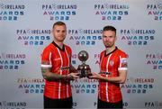 9 November 2022; PFA Ireland Player of the Year Award nominees Mark Connolly, left, and Cameron Dummigan, Derry City, at the launch of the PFA Ireland Awards 2022 at the Marker Hotel in Dublin. Photo by Stephen McCarthy/Sportsfile