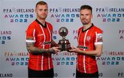 9 November 2022; PFA Ireland Player of the Year Award nominees Mark Connolly, left, and Cameron Dummigan, Derry City, at the launch of the PFA Ireland Awards 2022 at the Marker Hotel in Dublin. Photo by Stephen McCarthy/Sportsfile