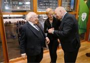 6 November 2022; President of Ireland Michael D Higgins with Republic of Ireland manager Vera Pauw and FAI President Gerry McAnaney, right, during the EVOKE.ie FAI Women's Cup Final match between Shelbourne and Athlone Town at Tallaght Stadium in Dublin. Photo by Stephen McCarthy/Sportsfile