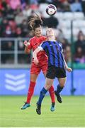 6 November 2022; Scarlett Herron of Athlone Town and Alex Kavanagh of Shelbourne during the EVOKE.ie FAI Women's Cup Final match between Shelbourne and Athlone Town at Tallaght Stadium in Dublin. Photo by Stephen McCarthy/Sportsfile