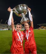 6 November 2022; Abbie Larkin, left, and Aoife Kelly of Shelbourne celebrate with the EVOKE.ie FAI Women's Cup after the EVOKE.ie FAI Women's Cup Final match between Shelbourne and Athlone Town at Tallaght Stadium in Dublin. Photo by Stephen McCarthy/Sportsfile