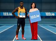 9 November 2022; Some of the stars of Irish Athletics pictured at the official launch of 123.ie as national partner of Athletics Ireland which will see the leading Irish insurance company support an athletics community of over 300,000 be the best they can be. See www.123.ie/Athletics-Ireland for more. In attendance, from left, Sprinter Israel Olatunde and Managing Director 123.ie Elaine Robinson at the official announcement in the National Indoor Arena at the Sport Ireland Campus, Dublin. Photo by Eóin Noonan/Sportsfile