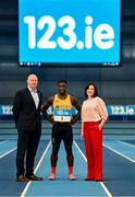 9 November 2022; Some of the stars of Irish Athletics pictured at the official launch of 123.ie as national partner of Athletics Ireland which will see the leading Irish insurance company support an athletics community of over 300,000 be the best they can be. See www.123.ie/Athletics-Ireland for more. In attendance, from left, Athletics Ireland Chief Executive Officer Hamish Adams, Sprinter Israel Olatunde and Managing Director 123.ie Elaine Robinson at the official announcement in the National Indoor Arena at the Sport Ireland Campus, Dublin. Photo by Eóin Noonan/Sportsfile