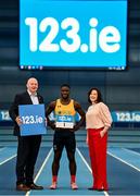 9 November 2022; Some of the stars of Irish Athletics pictured at the official launch of 123.ie as national partner of Athletics Ireland which will see the leading Irish insurance company support an athletics community of over 300,000 be the best they can be. See www.123.ie/Athletics-Ireland for more. In attendance, from left, Athletics Ireland Chief Executive Officer Hamish Adams, Sprinter Israel Olatunde and Managing Director 123.ie Elaine Robinson at the official announcement in the National Indoor Arena at the Sport Ireland Campus, Dublin. Photo by Eóin Noonan/Sportsfile