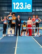 9 November 2022; Some of the stars of Irish Athletics pictured at the official launch of 123.ie as national partner of Athletics Ireland which will see the leading Irish insurance company support an athletics community of over 300,000 be the best they can be. See www.123.ie/Athletics-Ireland for more. In attendance, from left, Heptathlete Kate O'Connor, Middle distance Emily Bolton, Long jumper Reece Ademola, Athletics Ireland Chief Executive Officer Hamish Adams, Sprinter Israel Olatunde, Managing Director 123.ie Elaine Robinson, Discus thrower Cian Crampton and Middle distance athlete Anne Gilshinan at the official announcement in the National Indoor Arena at the Sport Ireland Campus, Dublin. Photo by Eóin Noonan/Sportsfile