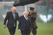 6 November 2022; President of Ireland Michael D Higgins and FAI President Gerry McAnaney, left, before the EVOKE.ie FAI Women's Cup Final match between Shelbourne and Athlone Town at Tallaght Stadium in Dublin. Photo by Stephen McCarthy/Sportsfile