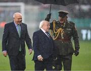 6 November 2022; President of Ireland Michael D Higgins and FAI President Gerry McAnaney, left, before the EVOKE.ie FAI Women's Cup Final match between Shelbourne and Athlone Town at Tallaght Stadium in Dublin. Photo by Stephen McCarthy/Sportsfile