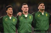 5 November 2022; South Africa players, from left, Kurt-Lee Arendse, Jesse Kriel and Damian de Allende during the national anthems before the Bank of Ireland Nations Series match between Ireland and South Africa at the Aviva Stadium in Dublin. Photo by Brendan Moran/Sportsfile