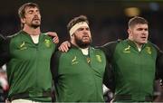 5 November 2022; South Africa players, from left, Eben Etzebeth, Frans Malherbe and Malcolm Marx during the national anthems before the Bank of Ireland Nations Series match between Ireland and South Africa at the Aviva Stadium in Dublin. Photo by Brendan Moran/Sportsfile