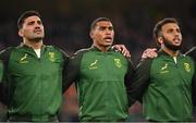 5 November 2022; South Africa players, from left, Damian de Allende, Damian Willemse and Jaden Hendrikse during the national anthems before the Bank of Ireland Nations Series match between Ireland and South Africa at the Aviva Stadium in Dublin. Photo by Brendan Moran/Sportsfile