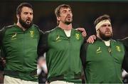 5 November 2022; South Africa players, from left, Lood de Jager, Eben Etzebeth and Frans Malherbe during the national anthems before the Bank of Ireland Nations Series match between Ireland and South Africa at the Aviva Stadium in Dublin. Photo by Brendan Moran/Sportsfile