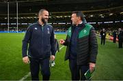 5 November 2022; Ireland head coach Andy Farrell, left, and Ireland team media manager David O'Siochain after the Bank of Ireland Nations Series match between Ireland and South Africa at the Aviva Stadium in Dublin. Photo by Brendan Moran/Sportsfile