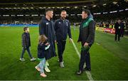 5 November 2022; Ireland captain Jonathan Sexton, head coach Andy Farrell, centre, and Ireland team media manager David O'Siochain after the Bank of Ireland Nations Series match between Ireland and South Africa at the Aviva Stadium in Dublin. Photo by Brendan Moran/Sportsfile