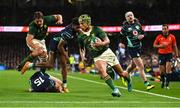 5 November 2022; Kurt-Lee Arendse of South Africa runs in to score his side's second try during the Bank of Ireland Nations Series match between Ireland and South Africa at the Aviva Stadium in Dublin. Photo by Brendan Moran/Sportsfile