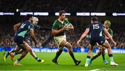 5 November 2022; Eben Etzebeth of South Africa in action against Robert Baloucoune, Mack Hansen and Hugo Keenan of Ireland during the Bank of Ireland Nations Series match between Ireland and South Africa at the Aviva Stadium in Dublin. Photo by Brendan Moran/Sportsfile