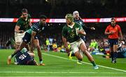 5 November 2022; Kurt-Lee Arendse of South Africa runs in to score his side's second try during the Bank of Ireland Nations Series match between Ireland and South Africa at the Aviva Stadium in Dublin. Photo by Brendan Moran/Sportsfile