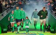 5 November 2022; Steven Kitshoff of South Africa, right, runs onto the pitch alongside Ireland captain Jonathan Sexton before the Bank of Ireland Nations Series match between Ireland and South Africa at the Aviva Stadium in Dublin. Photo by Brendan Moran/Sportsfile